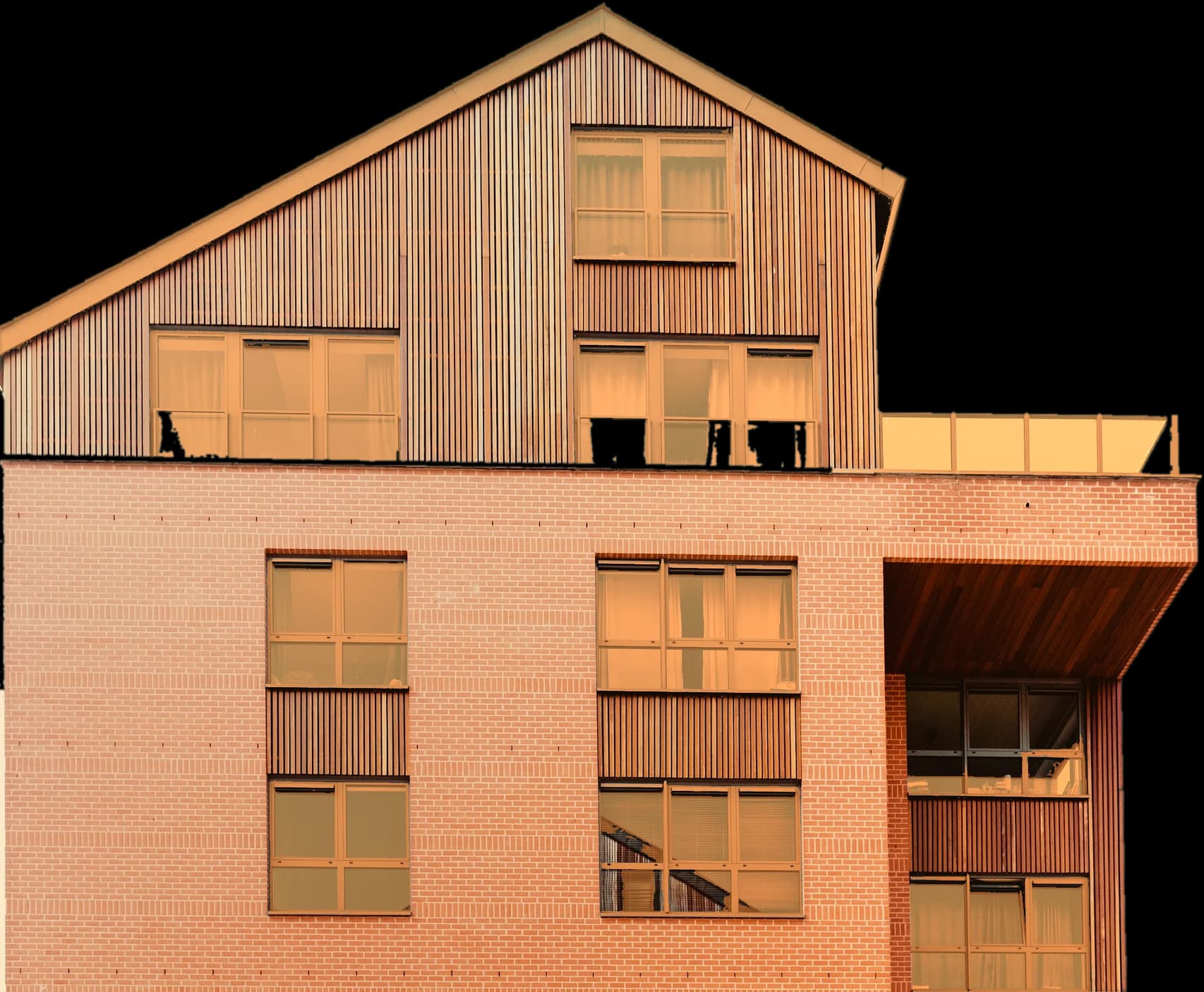 A modern brick and timber residence rising above the clouds at golden hour